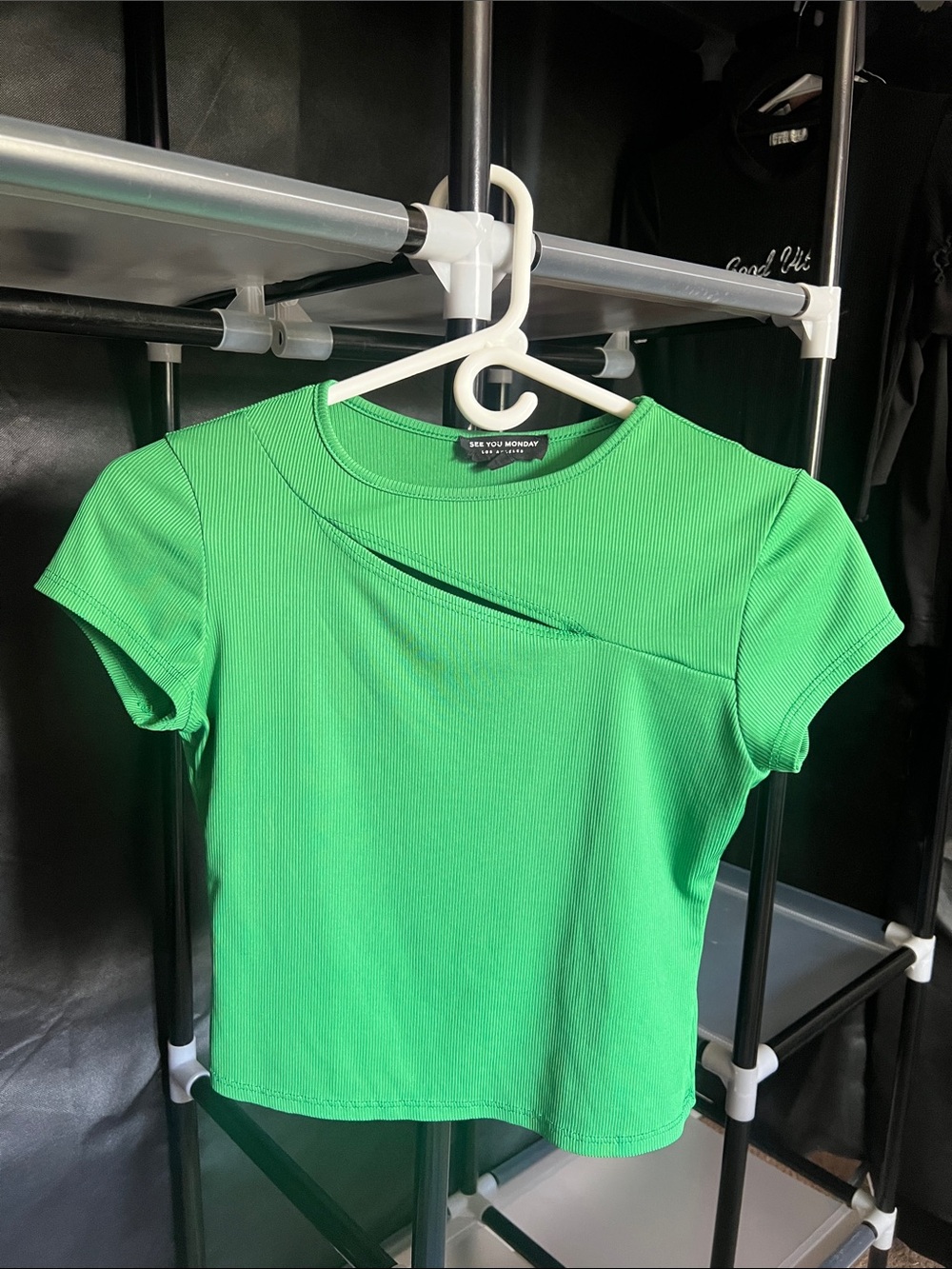 See You Monday Bright Green Ribbed Cutout Crew Tee